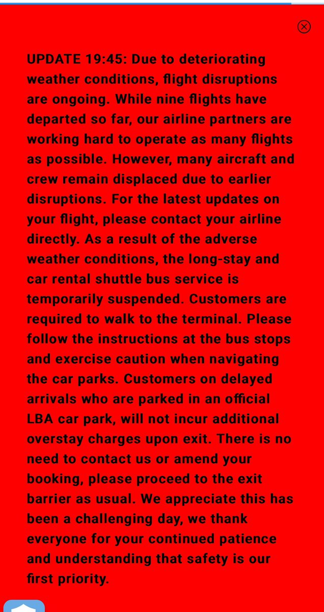 LBA Support Group (@supportlba) on Twitter photo Updated statement issued by <a href="/LBIAirport/">LeedsBradfordAirport</a> due to the deteriorating weather conditions tonight Updated statement issued by <a href="/LBIAirport/">LeedsBradfordAirport</a> due to the deteriorating weather conditions tonight
