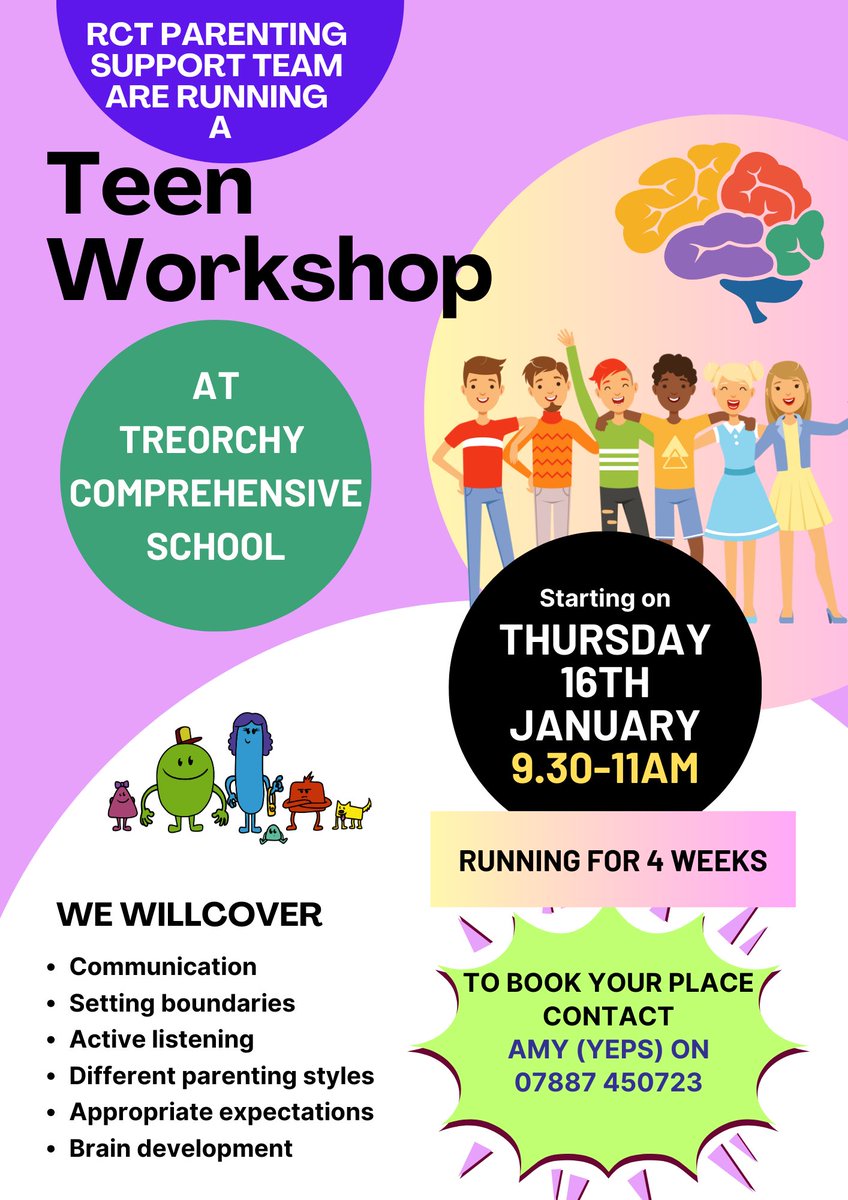 A Teen Workshop at Treorchy for parents/carers 🧑‍🧑‍🧒‍🧒

Please contact Amy from YEPS to book or more information🌟

4 Week Workshop starting on Thursday 16th January🗓️