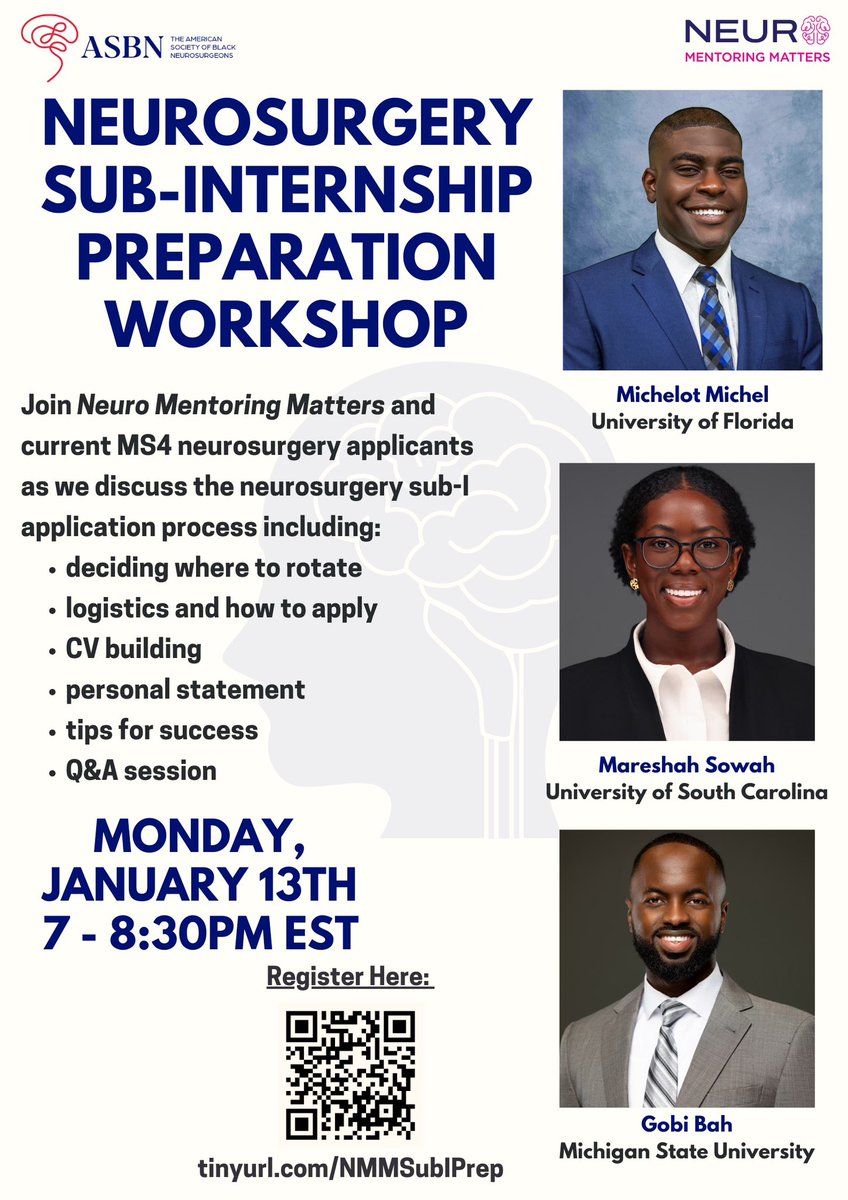 Excited to tackle and discuss everything about the neurosurgery Sub-I with my wonderful friends! 🧠🩺 Join us on January 13th!

🔗 to sign up: tinyurl.com/NMMSubIPrep