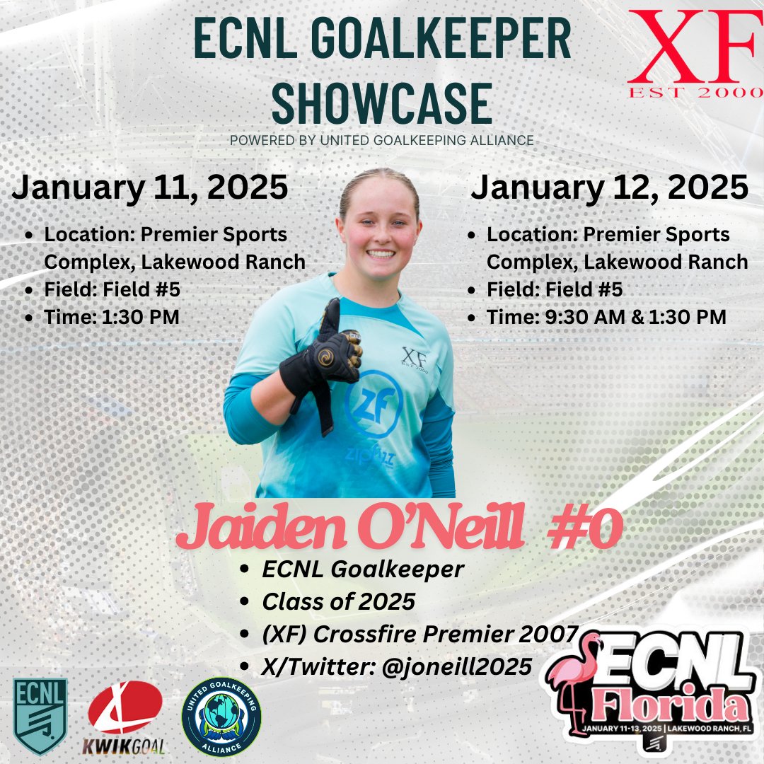 Heading to ECNL Florida to do the GK showcase only.  Below is my schedule for Saturday and Sunday.