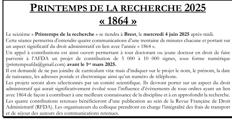 AFDA (@asso_afda) on Twitter photo L'AFDA vous souhaite une excellente année 2025! Nous nous retrouverons cette année à Brest les 4, 5 et 6 juin. Le printemps de la jeune recherche sera dédié à l'année 1864. 
Jeunes chercheurs, vous avez jusqu'au 28 février pour envoyer vos propositions de contribution. L'AFDA vous souhaite une excellente année 2025! Nous nous retrouverons cette année à Brest les 4, 5 et 6 juin. Le printemps de la jeune recherche sera dédié à l'année 1864. 
Jeunes chercheurs, vous avez jusqu'au 28 février pour envoyer vos propositions de contribution.