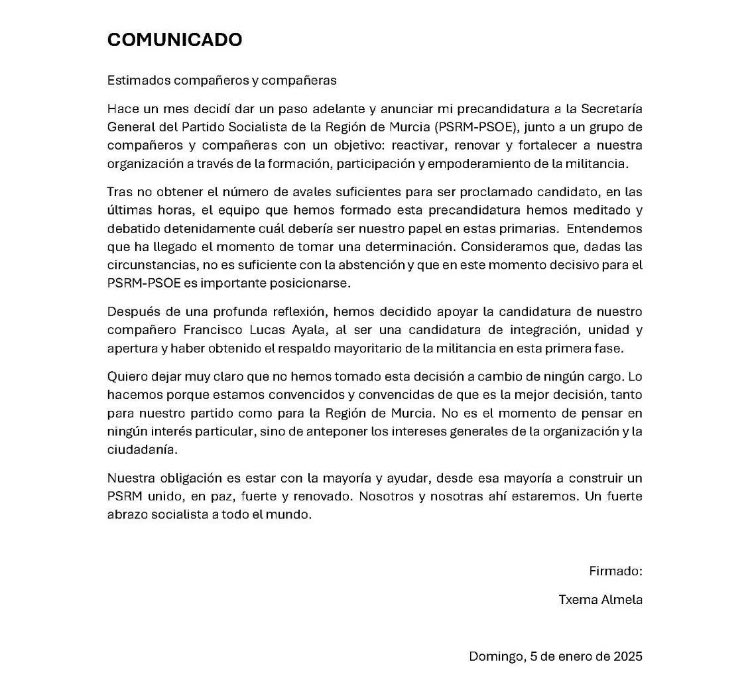 RosaRodaNews's tweet photo. #Primarias #PSRM-PSOE Txema Almela ha decidido dar su apoyo a Francisco Lucas. Sus razones 👇 https://t.co/I2CIKy1CRf