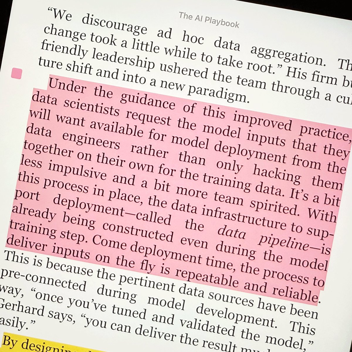 b_schmittling's tweet image. Build the data pipeline as you train the model. Why? Deployment becomes smoother, and you catch feasibility issues early. Collaboration is key—Data Engineers + Scientists = Deployment-ready systems. #AIPlaybook #DataPipeline