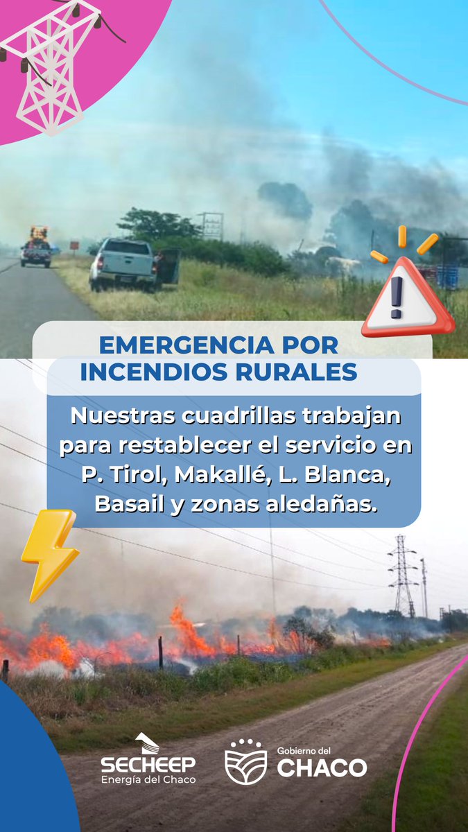 URGENTE: INCENDIOS RURALES AFECTAN EL SERVICIO 🔥
⚡️En la siesta de este domingo un incendio rural en cercanías del km. 22 de la Ruta 16, produjo daños en la red de alta de SECHEEP afectando el suministro hacia varias localidades.
⚡️ Intenso trabajo para restablecer el servicio.