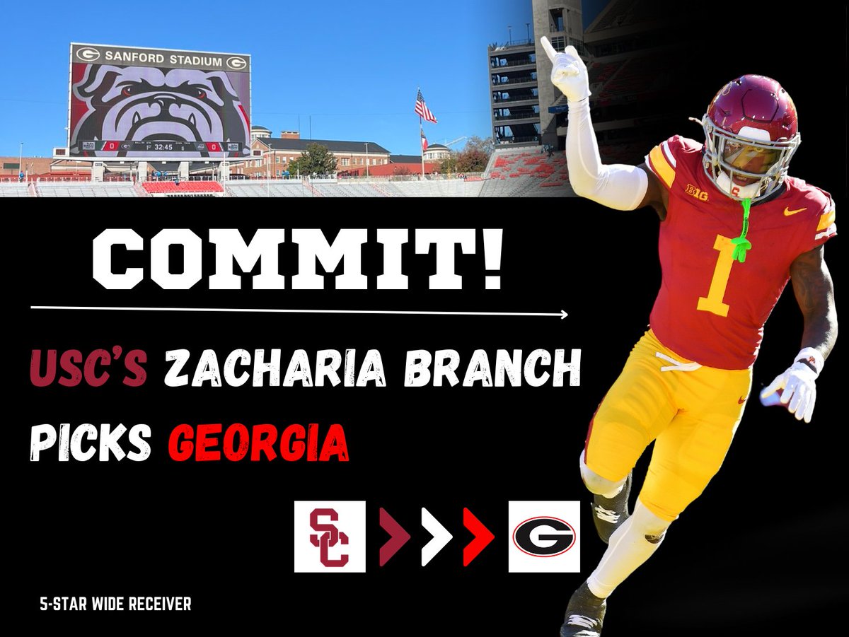 🚨🚨 BREAKING 🚨🚨
Former 5-star USC  receiver Zachariah Branch has committed to Georgia. 

This is a big deal for the Bulldogs.
Story: UGA.rivals.com/news/branch-br…