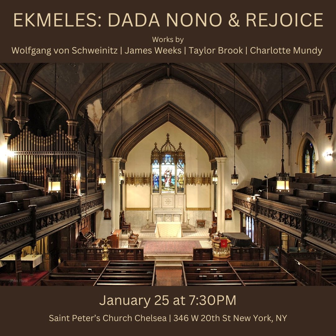 📣 First concert of 2025!

Join us for a program exploring the limits of microtonal pitch space, featuring a world premiere of Wolfgang von Schweinitz's, and works by James Weeks, <a href="/ComposerBrook/">taylor</a> and <a href="/charl_ttemundy/">Charlotte Mundy</a> 

Get your tickets below! 🎫

simpletix.com/e/ekmeles-dada…
