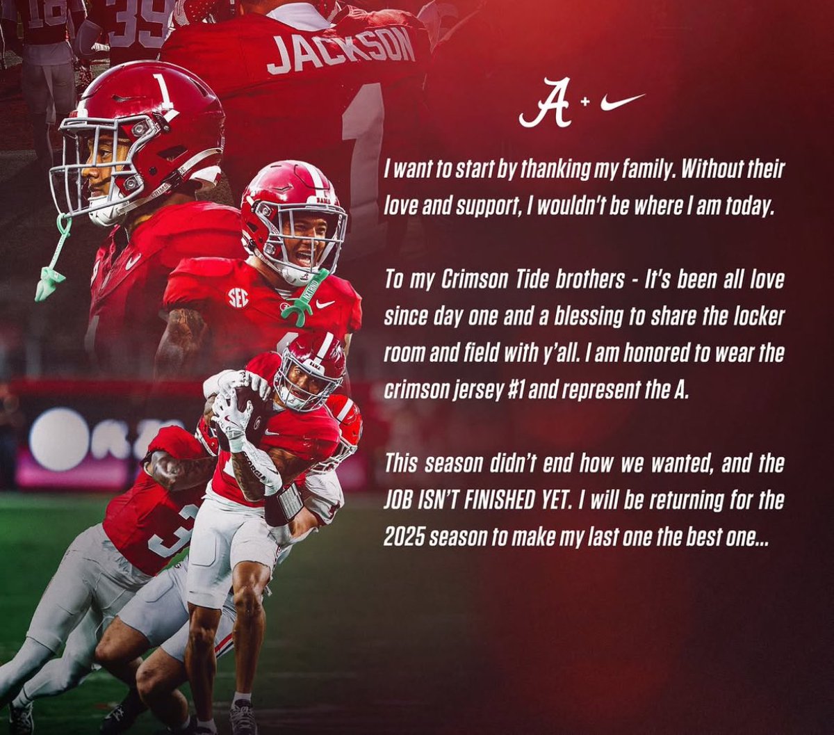 BREAKING:

Alabama DB Domani Jackson will return to Alabama in 2025, he has announced.