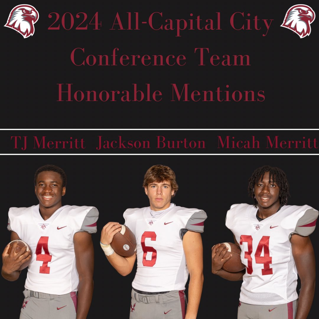 ACA Football (@acaeaglesfball) on Twitter photo 🚨Congratulations to TJ Merritt, Jackson Burton, and Micah Merritt for making the 2024 All-Capital City Conference Team Honorable Mention!🏈
<a href="/CoachMichaelSu1/">Coach Michael Summers</a> <a href="/CoachDockins/">JL Dockins</a> <a href="/epperson_weston/">Coach Epperson</a> <a href="/CoachGregHoward/">Greg Howard</a> 🚨Congratulations to TJ Merritt, Jackson Burton, and Micah Merritt for making the 2024 All-Capital City Conference Team Honorable Mention!🏈
<a href="/CoachMichaelSu1/">Coach Michael Summers</a> <a href="/CoachDockins/">JL Dockins</a> <a href="/epperson_weston/">Coach Epperson</a> <a href="/CoachGregHoward/">Greg Howard</a>