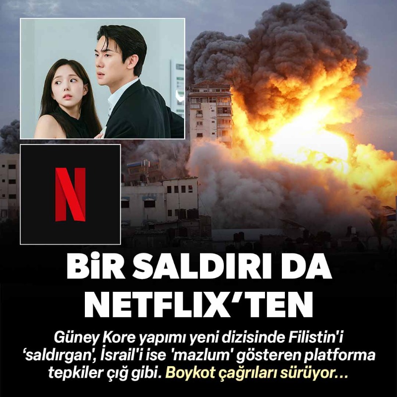 yenisafak's tweet photo. Netflix, Güney Kore yapımı 'When The Phone Rings' adlı yeni dizisinde katil İsrail'i aklamaya çalışarak Filistin'i 'saldırgan' olarak lanse etti.

Tepki çeken o sahne nedeniyle Netflix'e boykot çağrıları yinelendi.