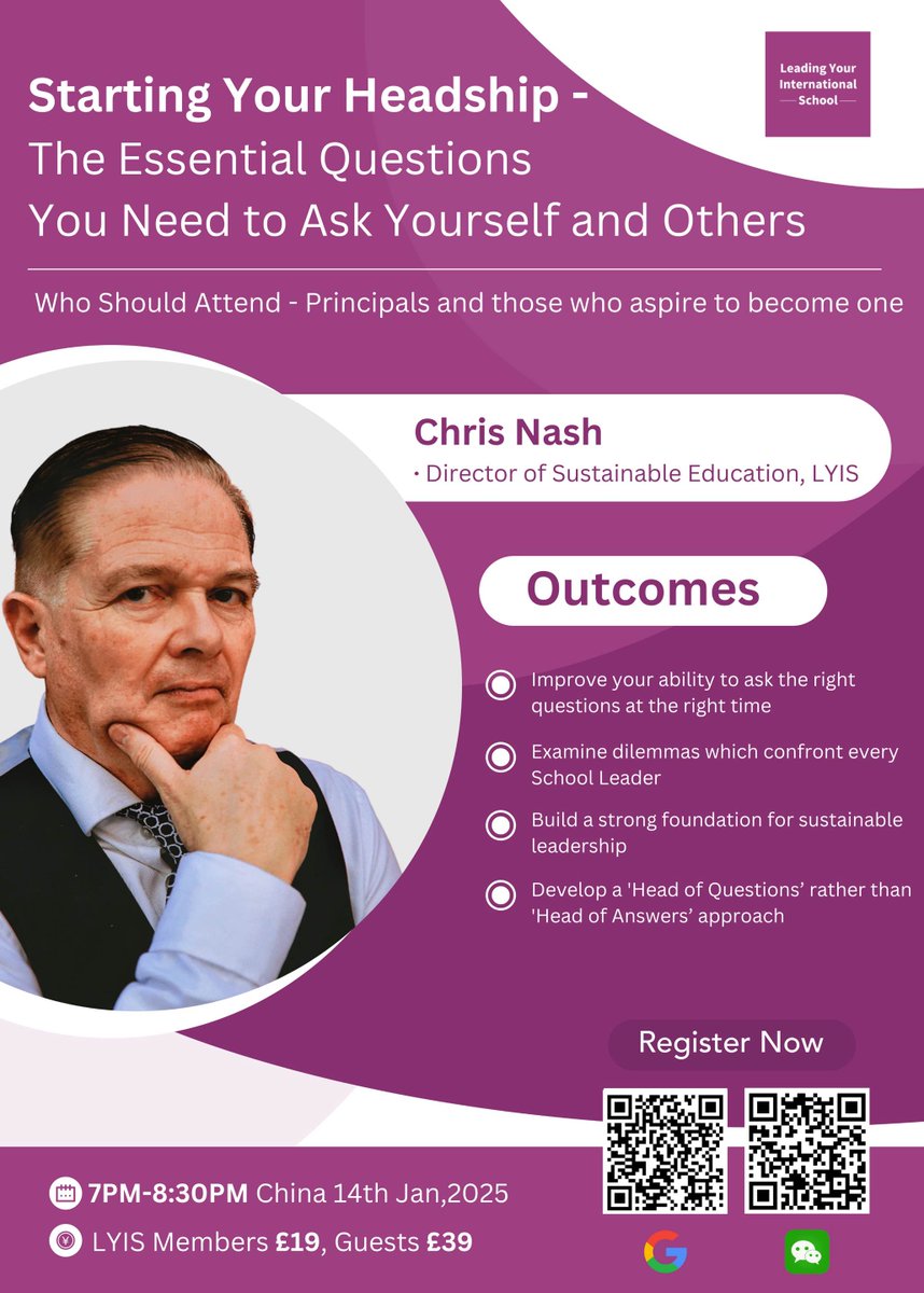 Led by Chris Nash, an experienced principal, the workshop will cover how to ask critical questions, address challenges faced by school leaders, and build a foundation for sustainable leadership. 
Register here: forms.gle/7cugJ24PKAJ5Se…

#lyis #leadership #SustainableLeadership