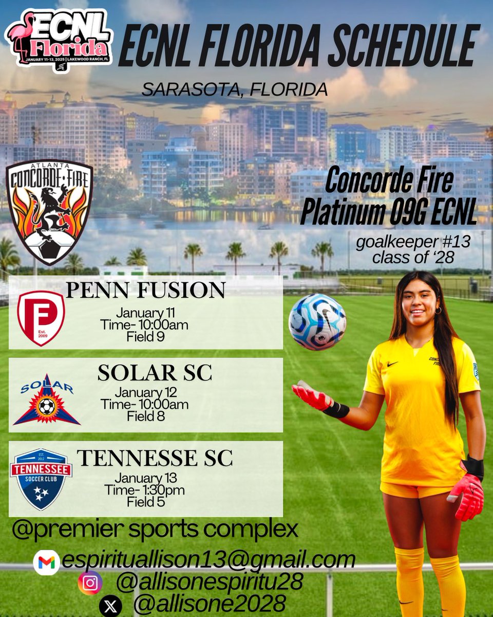 Allison Espiritu (@allisone2028) on Twitter photo One last road trip to Florida, here’s my schedule for the ECNL Florida showcase. Let’s go fire!🔥 <a href="/concordefire09/">cfplatinum09ecnlgirls</a> <a href="/ECNLSoutheast/">ECNL Southeast Girls</a> One last road trip to Florida, here’s my schedule for the ECNL Florida showcase. Let’s go fire!🔥 <a href="/concordefire09/">cfplatinum09ecnlgirls</a> <a href="/ECNLSoutheast/">ECNL Southeast Girls</a>