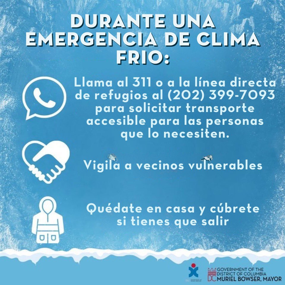 Mayor's Office on Latino Affairs (@oladcgov) on Twitter photo 🏠❄️ ¡Refugio disponible para todos! Con el pronóstico de esta semana, es vital que quienes lo necesiten acudan. Tenemos capacidad para albergar a más personas.
📞 Llama al 311 o al (202) 399-7093 para transporte gratuito a un refugio. – <a href="/MayorBowser/">Mayor Muriel Bowser</a> 🏠❄️ ¡Refugio disponible para todos! Con el pronóstico de esta semana, es vital que quienes lo necesiten acudan. Tenemos capacidad para albergar a más personas.
📞 Llama al 311 o al (202) 399-7093 para transporte gratuito a un refugio. – <a href="/MayorBowser/">Mayor Muriel Bowser</a>