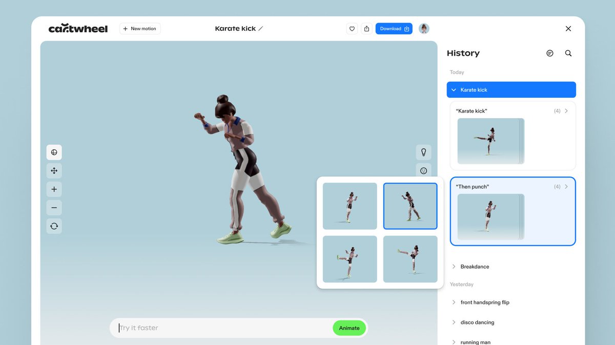 get_cartwheel's tweet photo. ✨UI updates to Cartwheel✨ 

➕ New motion button: Found in the top bar, use it when you’re ready to move on from the current sequence.

📰Enhanced history: The History tab now groups prompts together so you can edit steps of past sequences.  

Go generate complex sequences!🤸‍♀️ https://t.co/fuPIDs0vY1