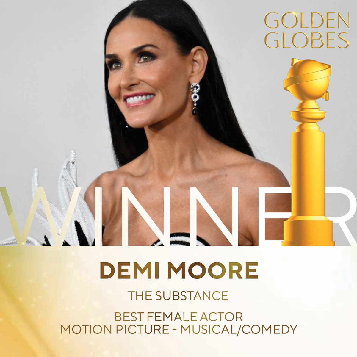 👏Demi Moore👏 

Congratulations on winning the #GoldenGlobes award for Best Female Actor – Motion Picture – Musical/Comedy for The Substance!