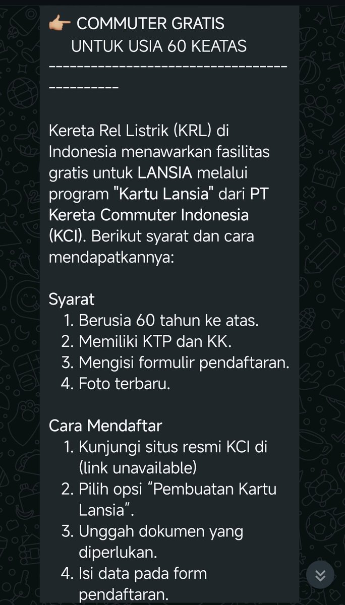 Dear <a href="/CommuterLine/">KAI Commuter</a> apakah info yang beredar soal kartu lansia untuk kereta komuter benar adanya? Berikut tangkapan layar di salah satu grup WA.