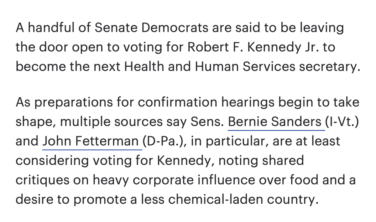 The Hill is reporting that <a href="/BernieSanders/">Bernie Sanders</a> may vote in favor of Robert F. Kennedy Jr. becoming the next Health and Human Services secretary. 

I really hope these sources are incorrect because this would be absolutely shameful.