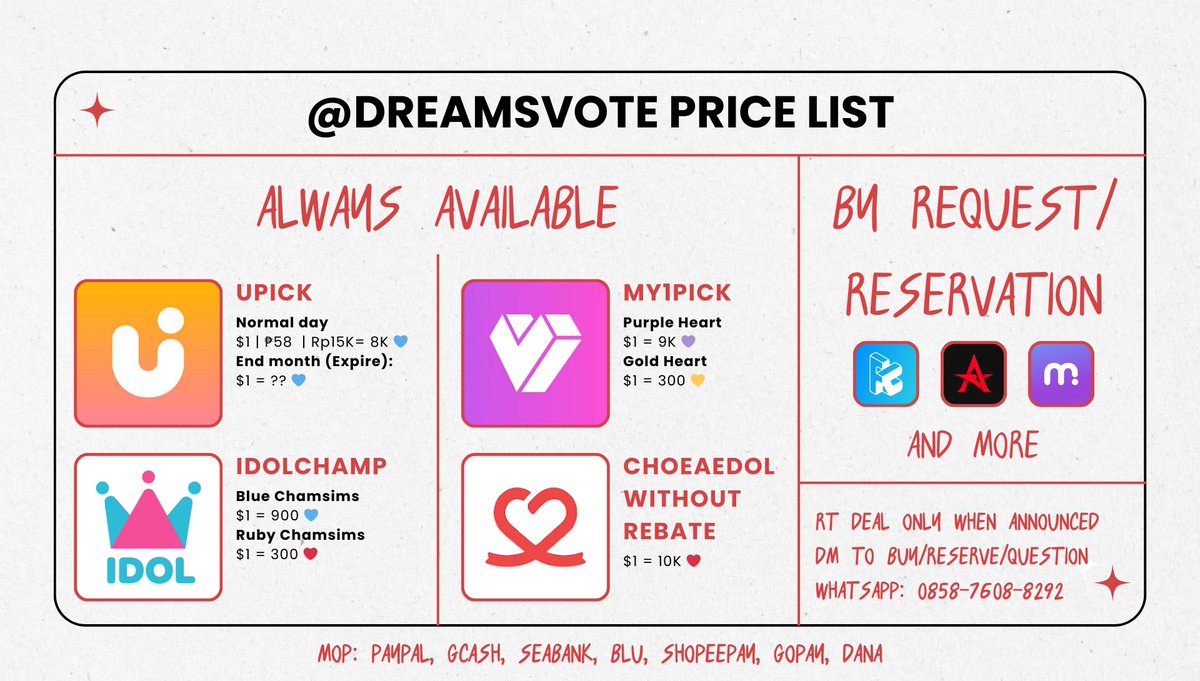 WTS KPOP VOTE
NEW PRICE LIST
AVAILABLE FOR SALE

ㅡ UPICK
💵 $1 | ₱58 | Rp.15k = 8K 💙

ㅡ IDOLCHAMP
💵 $1 = 900 💙 / 300 ❤

ㅡ MY1PICK
💵 $1 = 9K 💜 / 300 💛

ㅡ CHOEAEDOL
💵 $1 = 10K ❤ (no rebate)

ㅡ OTHER APP BY REQ
ㅡ thekking mubeat etc

‼️ AVAILABLE AMOUNT ON REPLY ‼️