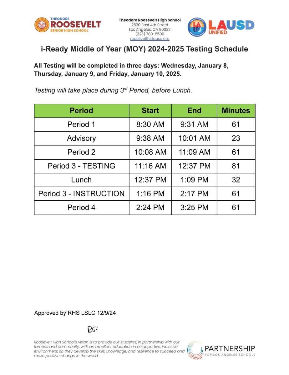 i-Ready MOY Diagnostic Testing starts on Wednesday, 1/8/25

We will follow a special bell schedule for three days for this important exam.