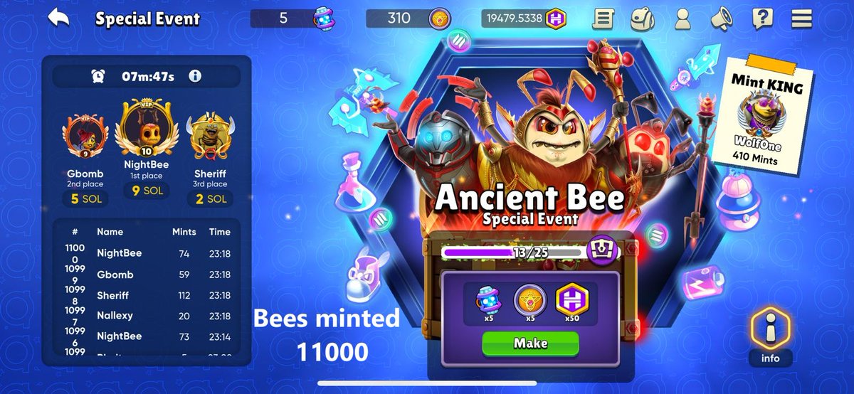 HoneylandHQ's tweet photo. 🔥 11,000 New Bees Minted – The Hive is THRIVING! 🐝🔥
An incredible 45,000 NFTs burned – We’re burning brighter than ever! 🌟

🌟 Ancient Fusion Event Highlights:
💎 16 SOL split among the last 3 minters.
👑 5 SOL for the Mint King.
🎁 1 SOL each for 5 lucky players.

⏳ How it works:
Every mint resets the 10-minute timer. Your chance to win starts NOW! https://t.co/Uc03DzyQjR 

👉 Don’t wait – Mint your bee today and make Hive history! 🚀🐝
Let’s keep the Hive buzzing strong! 💛 Zzub Zzub