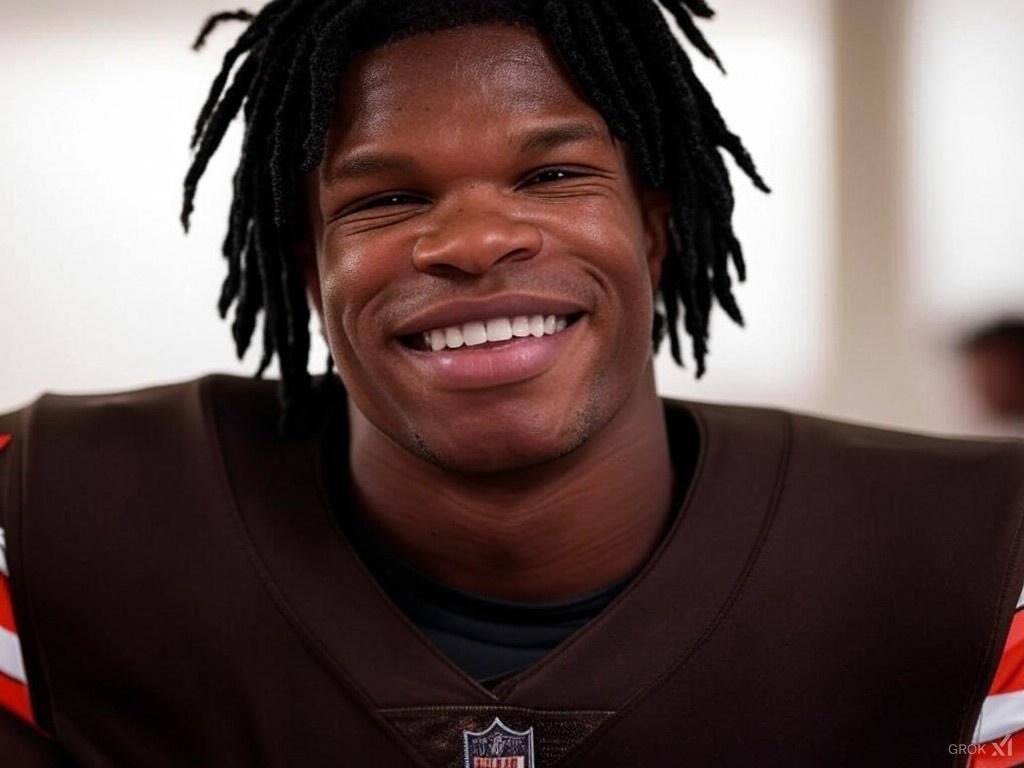 MisterSarms's tweet image. Look at how happy Travis Hunter looks in a Browns jersey!!! #pick2