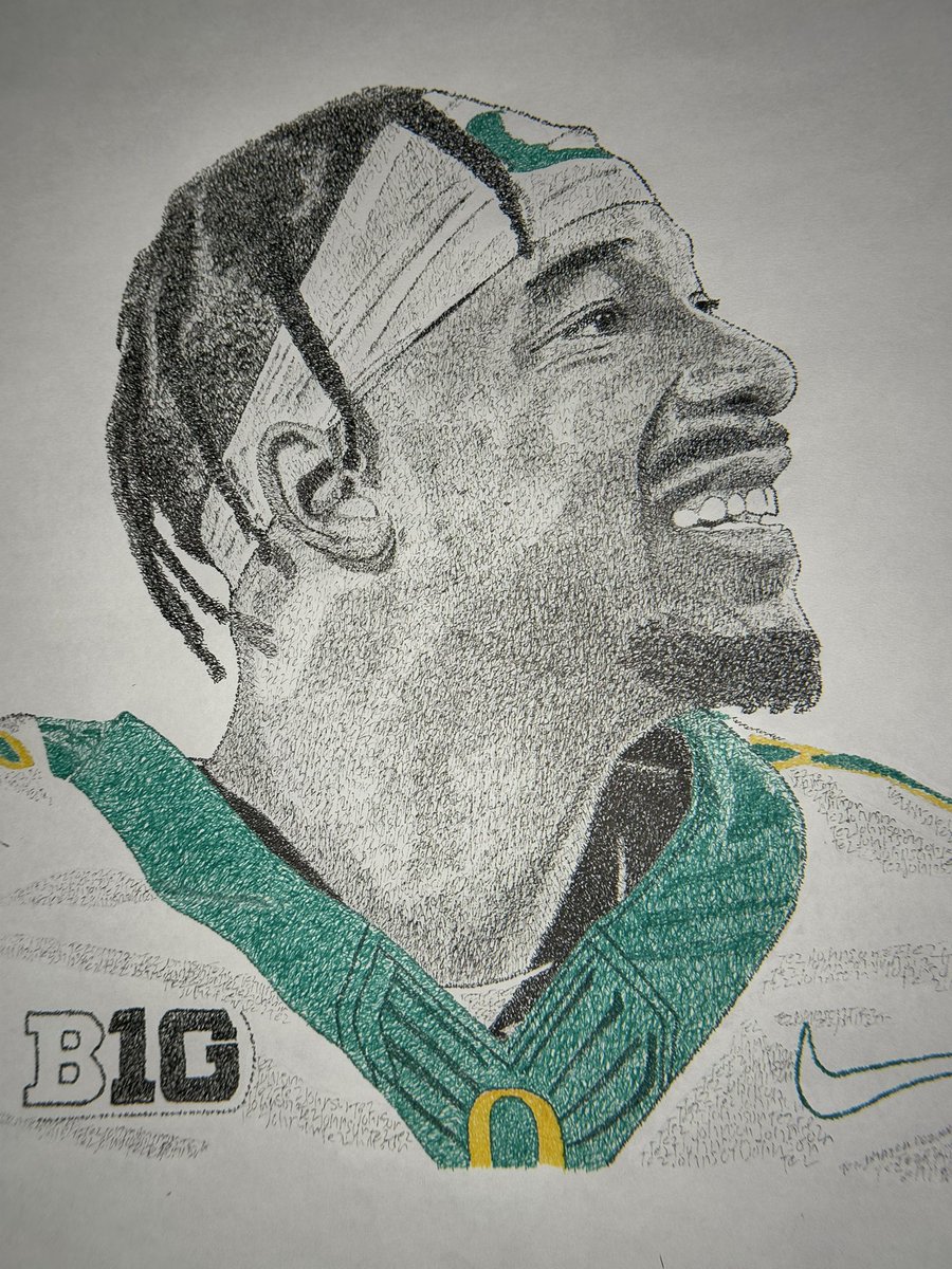 Word art drawing of <a href="/oregonfootball/">Oregon Football</a> WR Tez Johnson.  Created by writing his name a few thousand times, original 11X14”