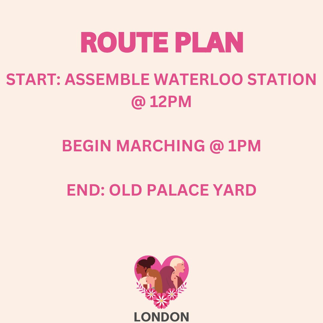 UKWMlondon's tweet photo. ROUTE PLAN RELEASED:

📢 Start: Assemble at Waterloo Station main entrance @ 12pm

Begin marching at 1pm

📍End: Finish at Old Palace Yard for rally and speeches

Swipe for the map🗺

We will have an accessible route available soon.

See you soon!

#ukwomensmarchlondon 
#UKWM https://t.co/hMqNb6VfV9