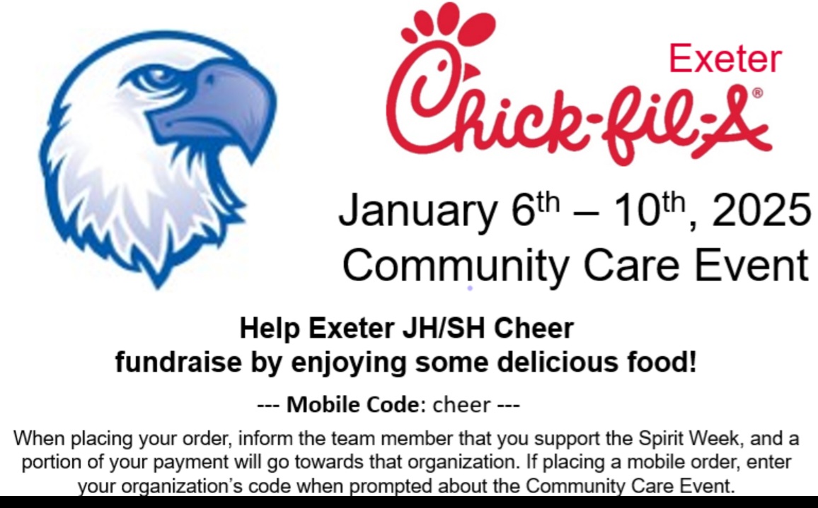 AnnCaccese's tweet photo. It's Exeter HS &amp; JH Cheerleading Spirit Week at the Exeter Chick-fil-a. What an easy way to support our girls. Eat at Chick-fil-a from 1/6 thru 1/10 and let the Team member know you support the Spirit Week. A portion of the sale goes to our Exeter Cheer Program. https://t.co/tEakZpyhaB