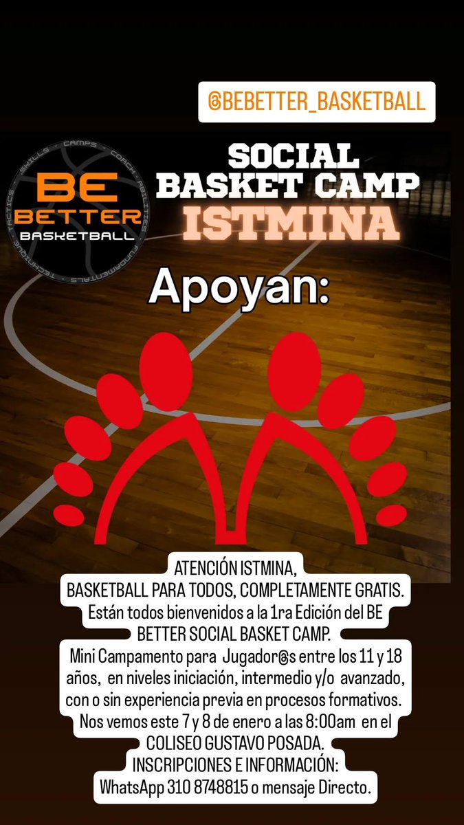 CoachJuvencioJr's tweet photo. ATENCIÓN ISTMINA,

1er  BE BETTER SOCIAL BASKETCAMP
basketball para todos y gratis.

Para Jugador@s entre los 11 y 18 años, iniciación, intermedio y/o  avanzado, con o sin experiencia. 
Este 7 y 8 de enero a las 8:00am  en el COLISEO GUSTAVO POSADA.

INSCRIPCIONES 
3108748915 https://t.co/A5kDJWlav0