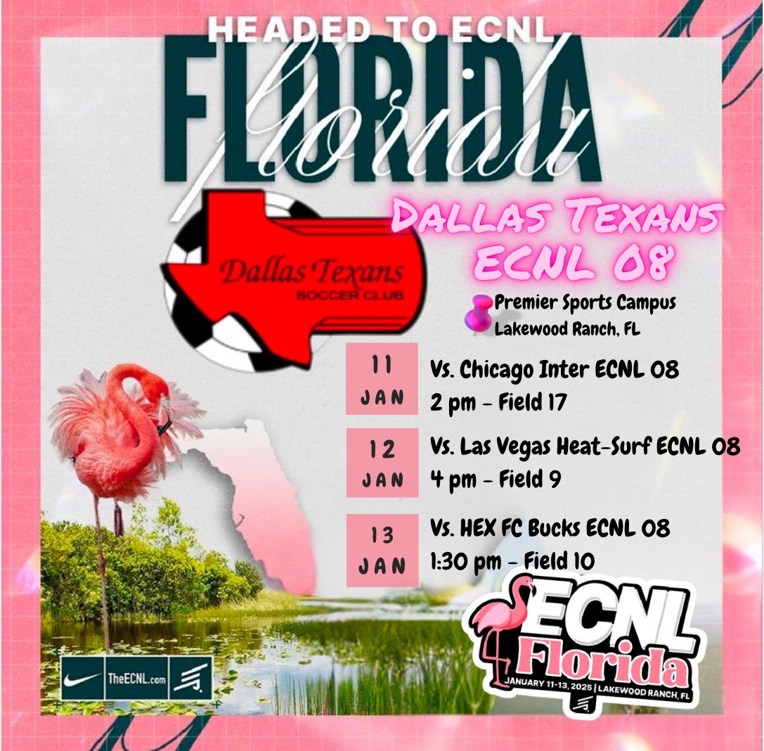 We can’t wait to head to Florida!!! Here’s our schedule, come out and watch our amazing girls!! 
<a href="/PrepSoccerTX/">Prep Soccer Texas</a> <a href="/PrepSoccer/">Prep Soccer ⚽️</a> <a href="/TopDrawerSoccer/">TopDrawerSoccer</a> <a href="/ImYouthSoccer/">ECNL/GA/Recruiting/College Soccer</a> <a href="/ImCollegeSoccer/">College Soccer Truth ™</a>