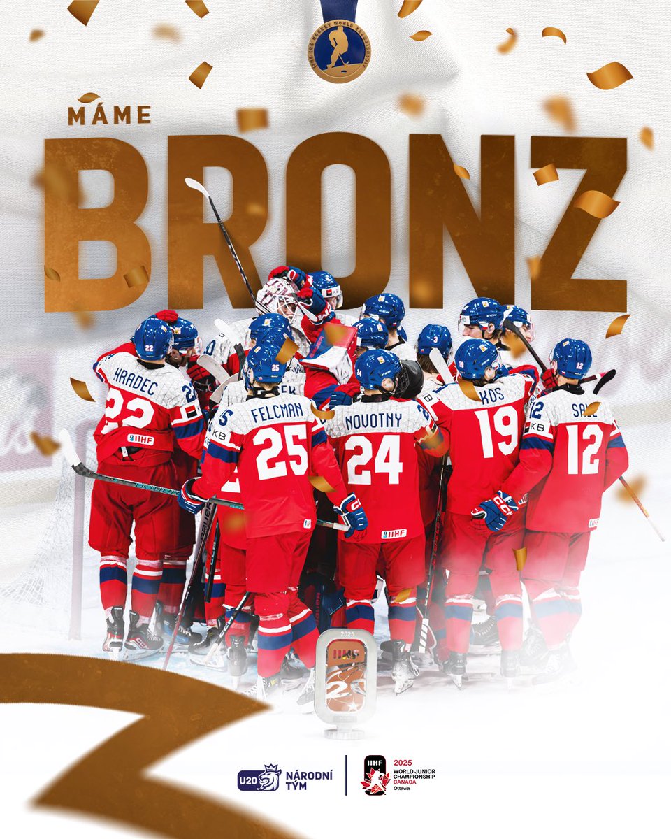 NERVY S BRONZOVOU TEČKOU! 🥉

Tak jako loni, i letos na juniorském šampionátu bereme bronz. 👊

Děkujeme vám za podporu, byli jste i na tu dálku fantastičtí. 🫶

#SWECZE #WorldJuniors #narodnitym