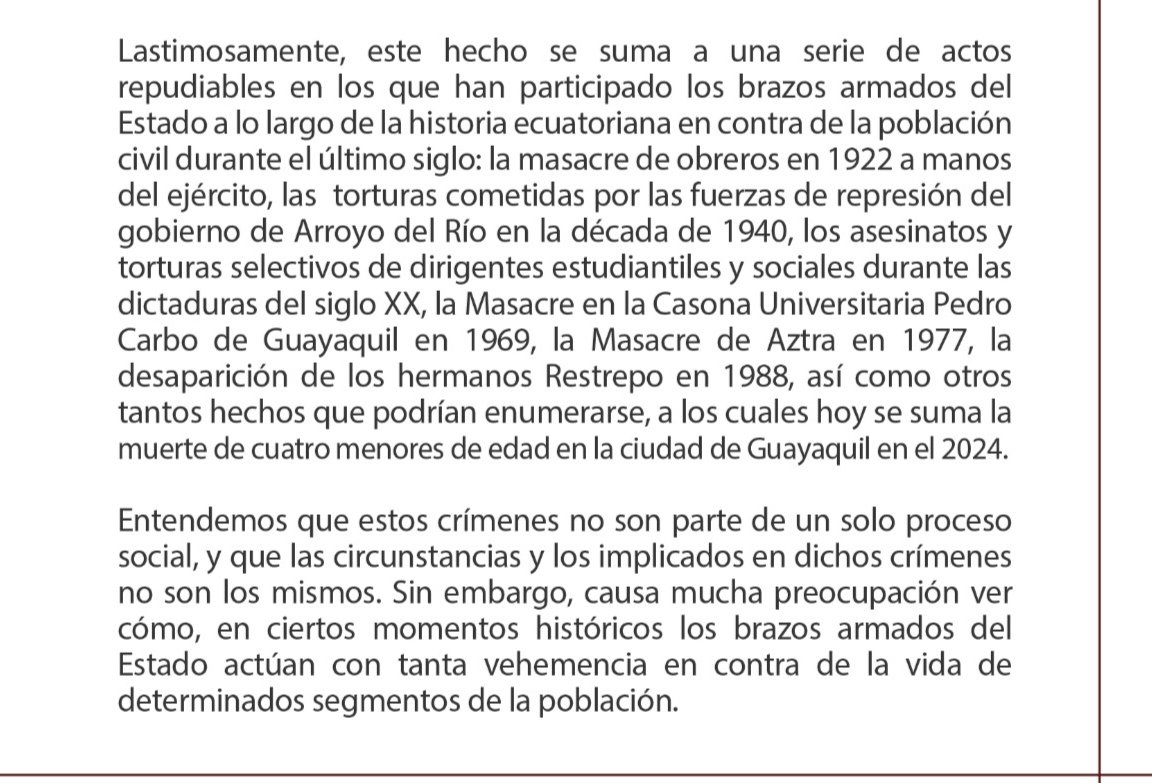 Luddico1844's tweet photo. Comparto pronunciamiento de la Carrera de Historia sobre los 4 menores de Las Malvinas desaparecidos y asesinados. 
Nos comprometemos a guardar su memoria. Ni perdón, ni olvido.
#4deguayaquil https://t.co/wZZCcBMvG3