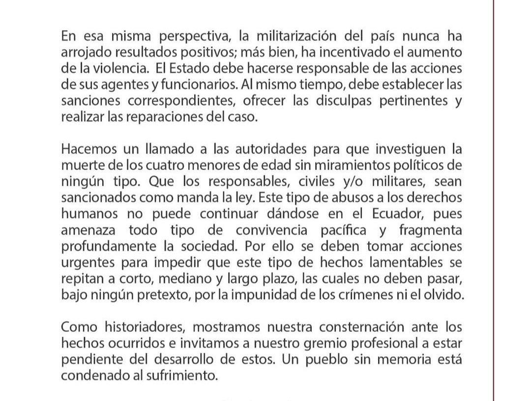 Luddico1844's tweet photo. Comparto pronunciamiento de la Carrera de Historia sobre los 4 menores de Las Malvinas desaparecidos y asesinados. 
Nos comprometemos a guardar su memoria. Ni perdón, ni olvido.
#4deguayaquil https://t.co/wZZCcBMvG3