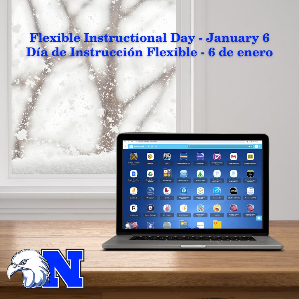 Debido al mal tiempo, las escuelas y oficinas de NASD estarán cerradas mañana lunes 6 de enero. El aprendizaje continuará durante un día de instrucción flexible (FID). Los estudiantes y el personal seguirán un horario de día de instrucción virtual.