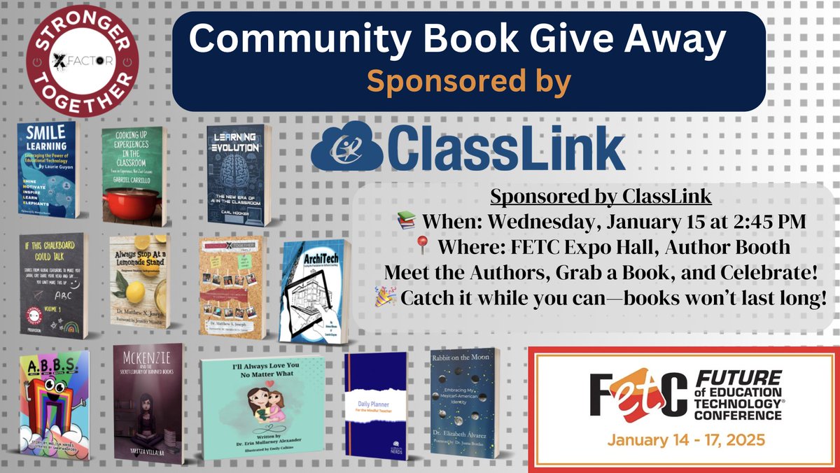 Dr. Matthew X. Joseph (@matthewxjoseph) on Twitter photo .<a href="/XFactorEdu/">X-Factor EDU</a> and <a href="/ClassLink/">ClassLink</a> partnered to launch a book giveaway at #FETC
📚 When: Wed, 1/15 at 2:45 PM
📍 Where: <a href="/fetc/">FETC</a> Expo Hall, Author Booth
Meet the Authors, Grab a Book, and Celebrate!
🎉 Catch it while you can—books won’t last long!
<a href="/SMILELearning/">Laurie Guyon 🐘</a> <a href="/EdTechBites/">Gabriel Carrillo</a> .<a href="/XFactorEdu/">X-Factor EDU</a> and <a href="/ClassLink/">ClassLink</a> partnered to launch a book giveaway at #FETC
📚 When: Wed, 1/15 at 2:45 PM
📍 Where: <a href="/fetc/">FETC</a> Expo Hall, Author Booth
Meet the Authors, Grab a Book, and Celebrate!
🎉 Catch it while you can—books won’t last long!
<a href="/SMILELearning/">Laurie Guyon 🐘</a> <a href="/EdTechBites/">Gabriel Carrillo</a>