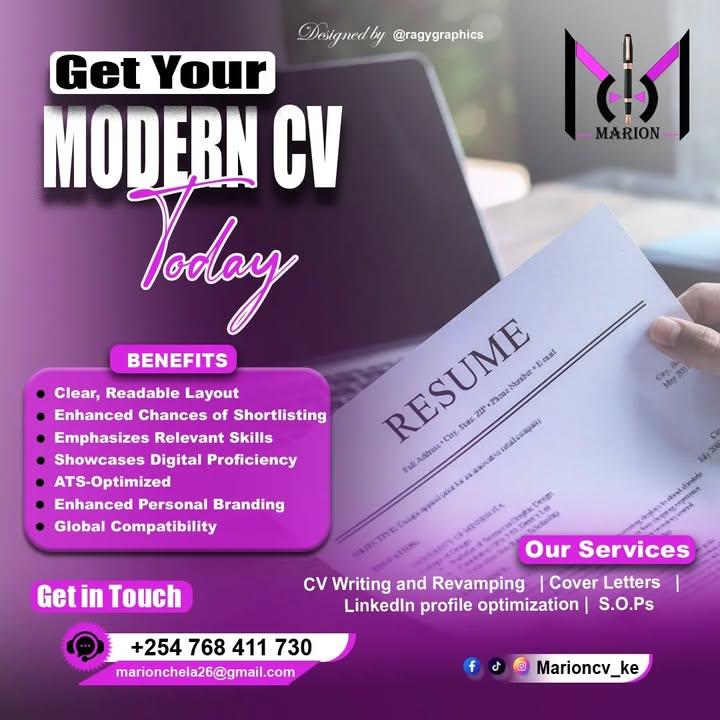 MarionCVs_Ke's tweet photo. Stand out from the crowd with a professionally crafted Modern CV that highlights your strengths, tells your story, and positions you as the perfect candidate. 
More interviews, better offers, and a faster job search, let’s make it happen! 
#mondayismonday #kesho #miguna https://t.co/i5yrol8KAL