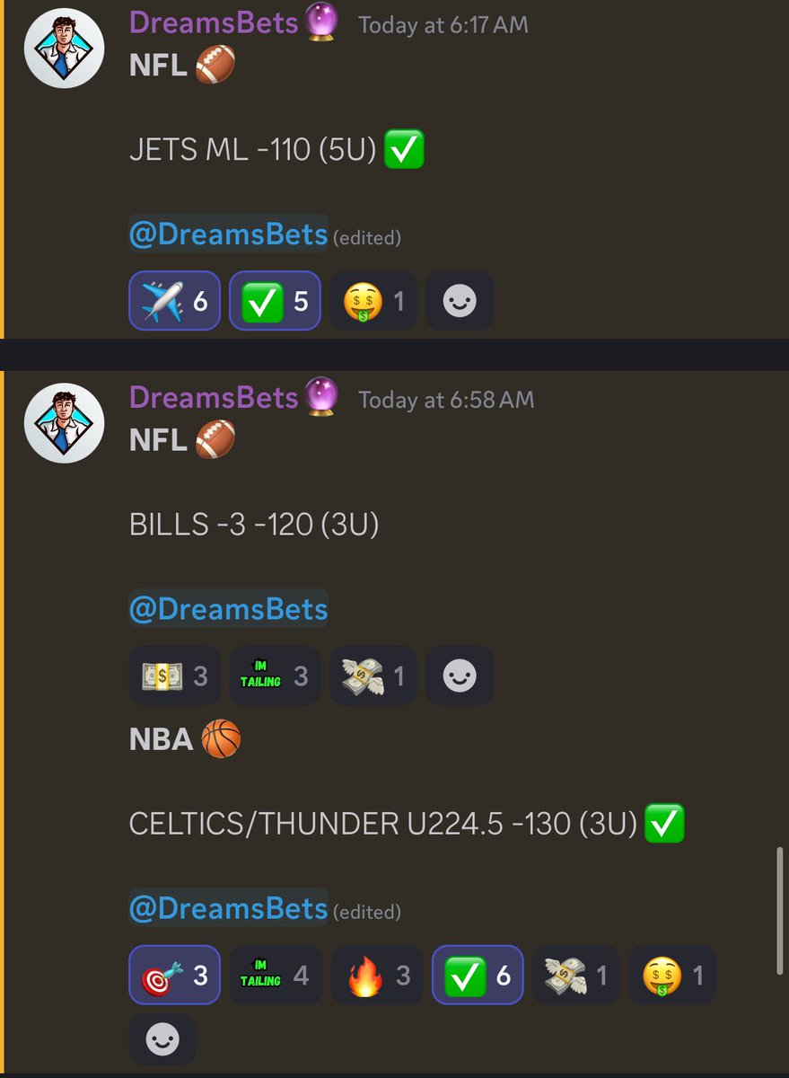DreamsBets's tweet image. HOLY SHIT DISCORD ON 🔥

5/6 securing members 12.6 units 🧠

Posting a 10U SNF in discord👇

Whop.com/dreamsbets