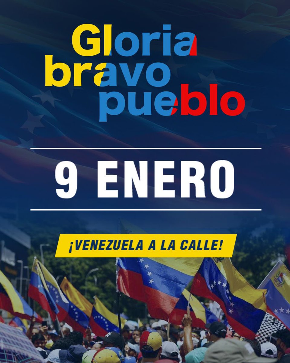 ¡VENEZUELA, HA LLEGADO EL MOMENTO! 🇻🇪

#9Ene: El día que uniremos nuestras banderas en un solo grito de libertad. 

¡Salgamos todos! Este 9 de enero Venezuela gritará en una sola voz: GLORIA AL BRAVO PUEBLO.

#CaminoALaLibertad | #HastaElFinal