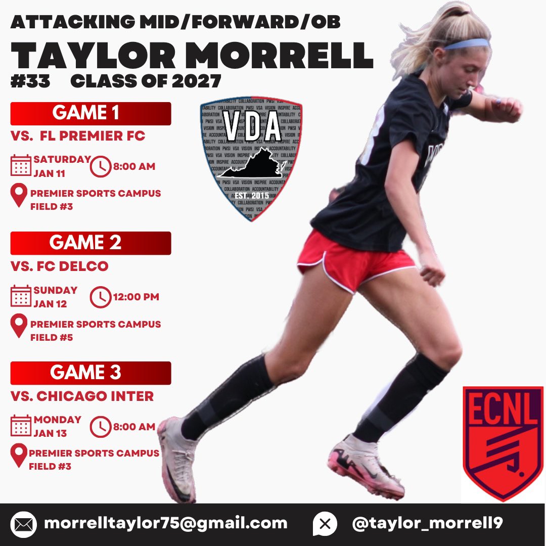 Taylor Morrell (@taylor_morrell9) on Twitter photo Can’t wait to compete at the <a href="/ECNLgirls/">ECNL Girls</a> Florida showcase with my <a href="/vdasoccer/">Virginia DevAcademy</a> 09 team. Come watch us play!! <a href="/bobbypup/">Bobby Puppione</a> <a href="/PrepSoccer/">Prep Soccer ⚽️</a> <a href="/ImYouthSoccer/">ECNL/GA/Recruiting/College Soccer</a> <a href="/TopDrawerSoccer/">TopDrawerSoccer</a> <a href="/TheSoccerWire/">SoccerWire</a> Can’t wait to compete at the <a href="/ECNLgirls/">ECNL Girls</a> Florida showcase with my <a href="/vdasoccer/">Virginia DevAcademy</a> 09 team. Come watch us play!! <a href="/bobbypup/">Bobby Puppione</a> <a href="/PrepSoccer/">Prep Soccer ⚽️</a> <a href="/ImYouthSoccer/">ECNL/GA/Recruiting/College Soccer</a> <a href="/TopDrawerSoccer/">TopDrawerSoccer</a> <a href="/TheSoccerWire/">SoccerWire</a>