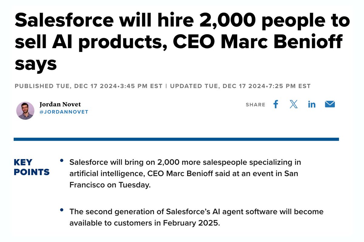 tanayj's tweet image. Salesforce is hiring 2,000 human sales reps to sell autonomous AI sales reps to its customers 😐