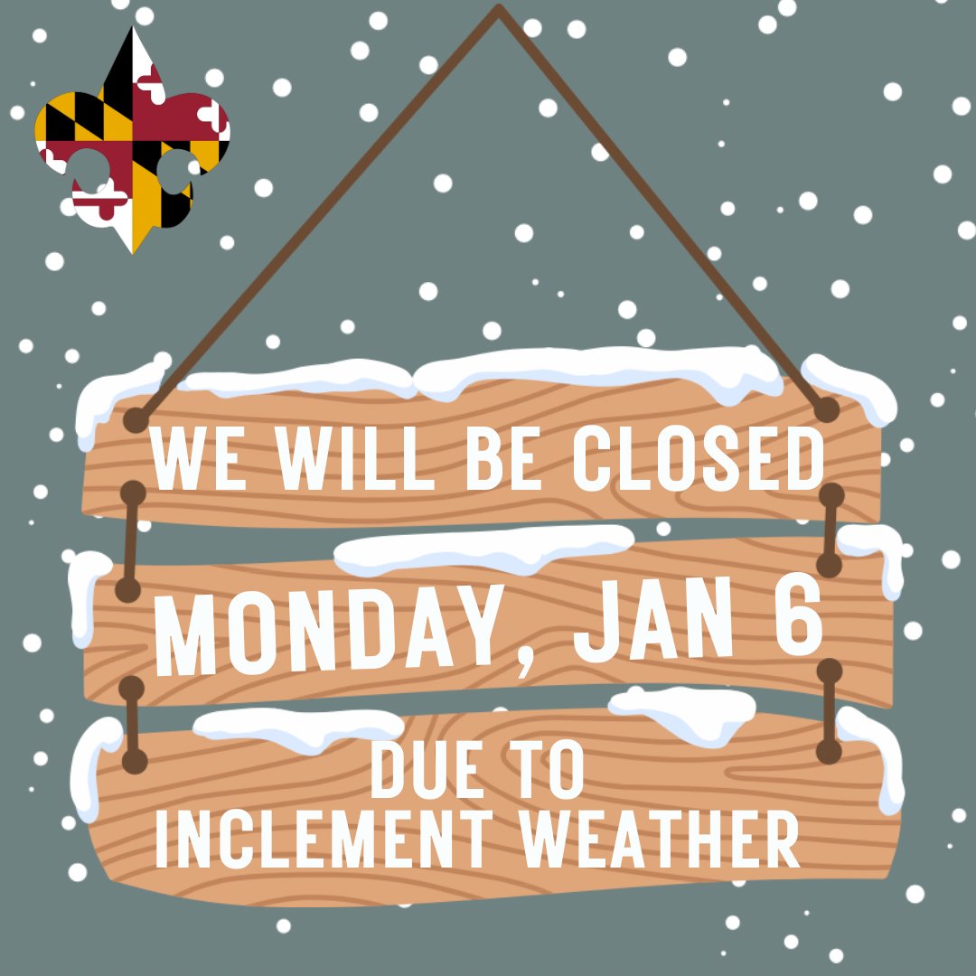 🚨 Closed Tomorrow 🚨

The Shapiro Service Center &amp; Scout Shops will be closed due to the winter storm. Contact your District Executive for help: baltimorescouting.org/staff

Stay safe! ❄️

#ScoutingUpdates #StaySafe