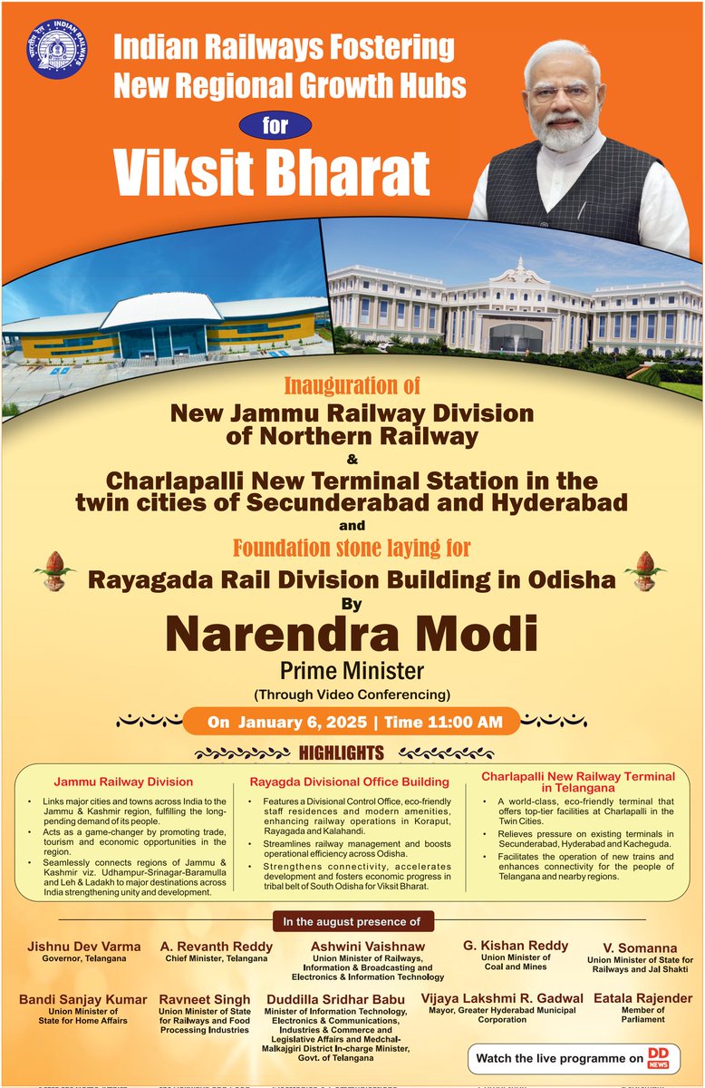 Hon’ble PM Shri Narendra Modi will lay the foundation stone and inaugurate Rail Infra Projects through Video Conferencing on 6.1.2025.

*#RailInfra4Jammu&amp;Kashmir*
*#RailInfra4Odisha*
*#RailInfra4Telangana*
*#JammuDivision*
*#CharlapalliNewTerminal*