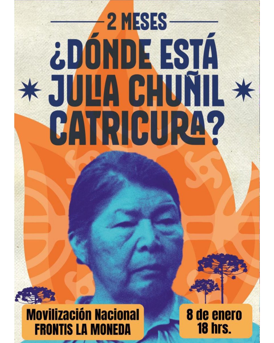 El próximo miércoles 8 de enero, al cumplirse dos meses de la desaparición ,  convocan a una movilización nacional e internacional a las 18:00 horas. Las concentraciones se realizarán en La Moneda, en regiones frente a edificios gubernamentales #DondeEstaJuliaChuñil
