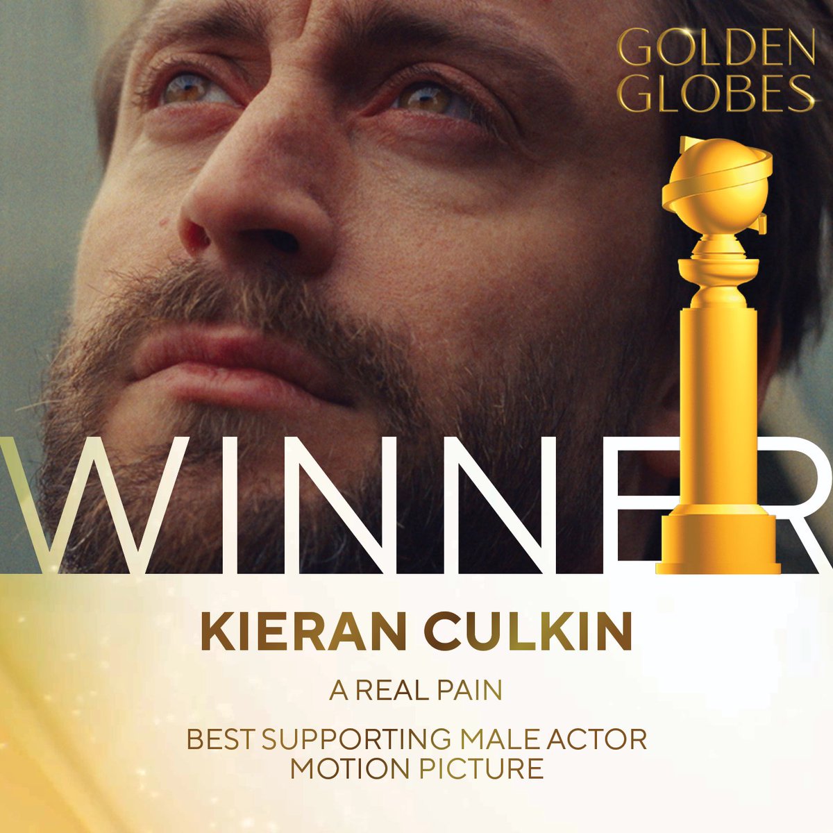 goldenglobes's tweet photo. Congratulations to Kieran Culkin because his role in A Real Pain just won him the award for Best Supporting Male Actor – Motion Picture! #GoldenGlobes https://t.co/F6sh5E8oGs