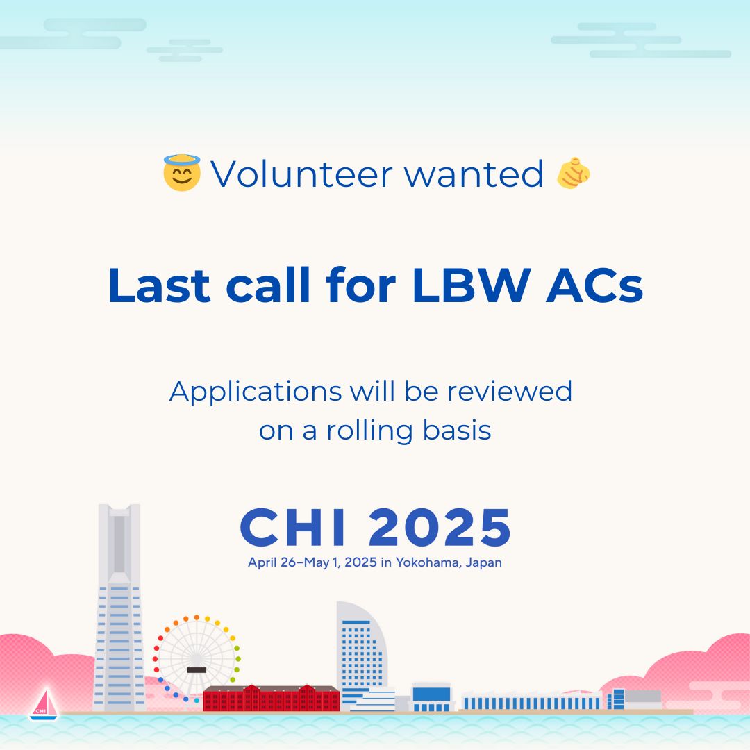 🚨 Join the CHI team as an AC for late-breaking work! 
We’re seeking more ACs with qualities like research expertise, prior AC experience, or active CHI involvement.
💡 [Last call] Rolling applications now open!
📃 Details &amp; apply here: buff.ly/3W8fUv0