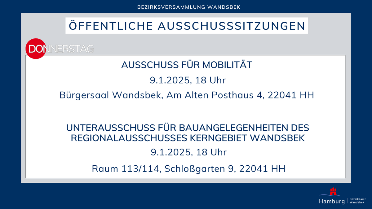 In dieser Woche finden die untenstehenden Ausschusssitzungen der #Bezirksversammlung #Wandsbek statt. Weitere Infos unter 🔗: t1p.de/vkm1.