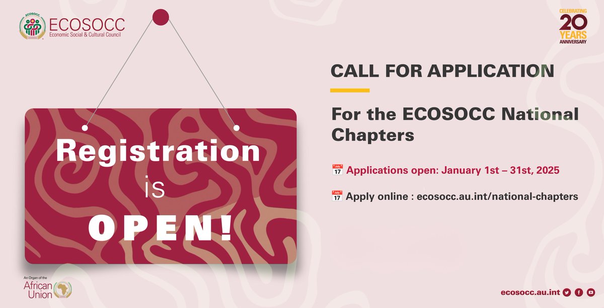 ECOSOCC is thrilled to announce the Call for Applications for National ECOSOCC Chapters (NECs)!

📅 Application Period: 1st - 31st January 2025
💻 Apply Online: ecosocc.au.int/en/national-ch…

Are you a Civil Society Organization (CSO) passionate about making a difference in #Africa?