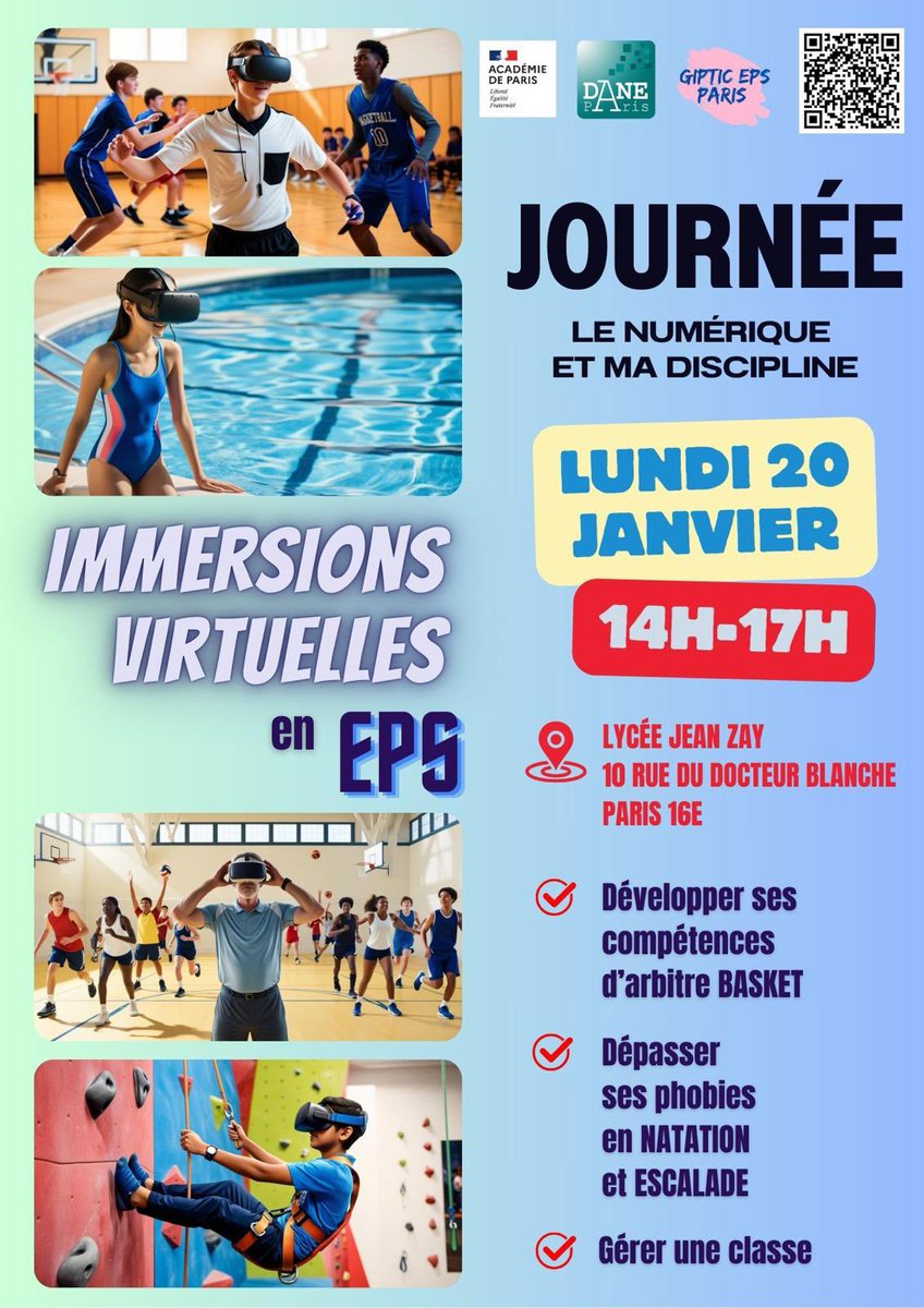 Giptic EPS Paris (@gipticeps75) on Twitter photo 📢 Enseignants d’EPS de <a href="/Academie_Paris/">Académie de Paris</a> participez à la JND EPS le 20 janvier de 14h à 17h au Lycée Jean Zay autour des projets VR conçus par le <a href="/GipticEps75/">Giptic EPS Paris</a>
Immersions virtuelles pour apprendre et se dépasser 🏀🏊♂️🧗
Inscrivez-vous vite ici avt le 10/01
pia.ac-paris.fr/portail/jcms/c… 📢 Enseignants d’EPS de <a href="/Academie_Paris/">Académie de Paris</a> participez à la JND EPS le 20 janvier de 14h à 17h au Lycée Jean Zay autour des projets VR conçus par le <a href="/GipticEps75/">Giptic EPS Paris</a>
Immersions virtuelles pour apprendre et se dépasser 🏀🏊♂️🧗
Inscrivez-vous vite ici avt le 10/01
pia.ac-paris.fr/portail/jcms/c…