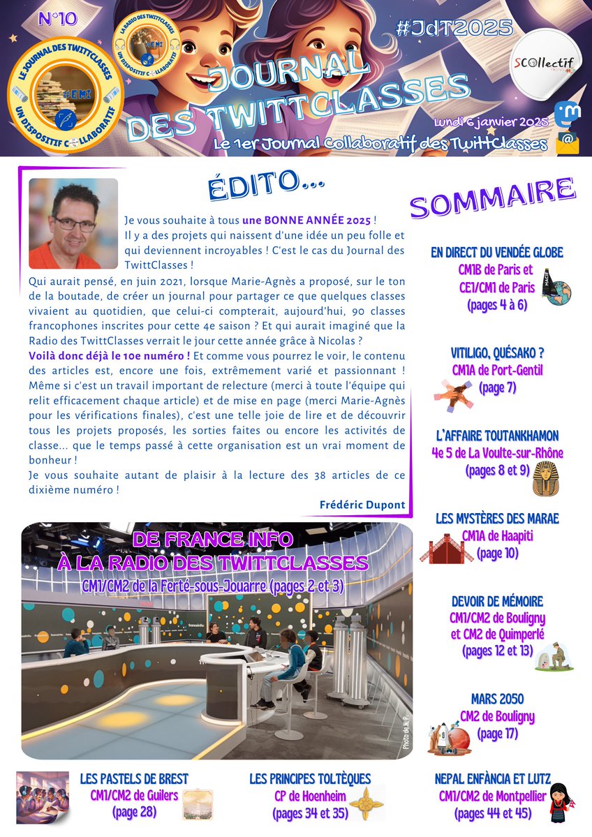 Ce lundi 6 janvier est le jour de la publication du n°10 du Journal des Twittclasses, le 1er journal collaboratif des classes francophones !🥰 

➡️À télécharger en pdf : dgxy.link/LeJdT10enPDF
➡️À lire en ligne : dgxy.link/LeJdT10

À partager autour de vous ! #JdT2025🗞️