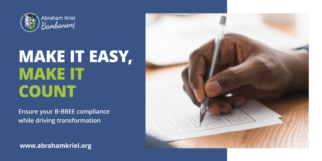 Make it Easy, Make it Count! Ensure your B-BBEE compliance while driving transformation in communities. 

Contact us today! abrahamkriel.org/contact/ or info@abrahamkriel.org 

#YearEndRush #BBEECompliance #EmpoweringCommunities #CorporateResponsibility