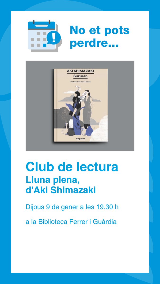 🗓️ AGENDA #Alella #Maresme

📖 Club de lectura
📍 9/1 - 19.30 h - <a href="/biblioalella/">Biblioteca Ferrer i Guàrdia</a>

ℹ️ Més info: alella.cat/agenda_cultura…